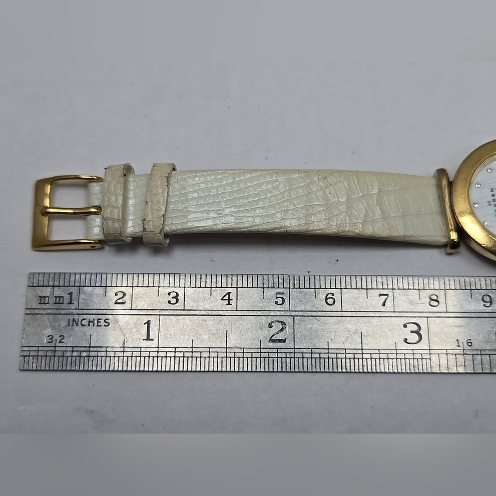 Skagen 107SGLW Gold Tone Watch White Leather Strap Crystal Dial New Battery 25mm - Picture 8 of 13